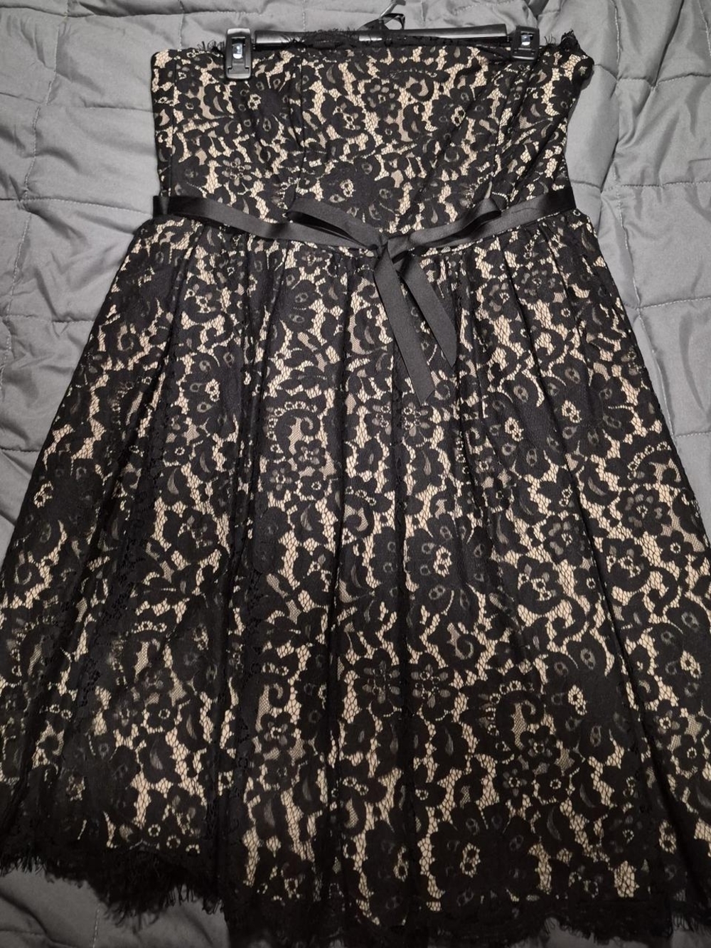 Robert Rodriguez Black Lace Over Nude Strapless Prom Dress